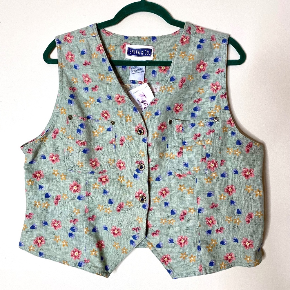 VINTAGE ERIKA & CO Chambray Floral Button Linen Cotton Utility Style Vest